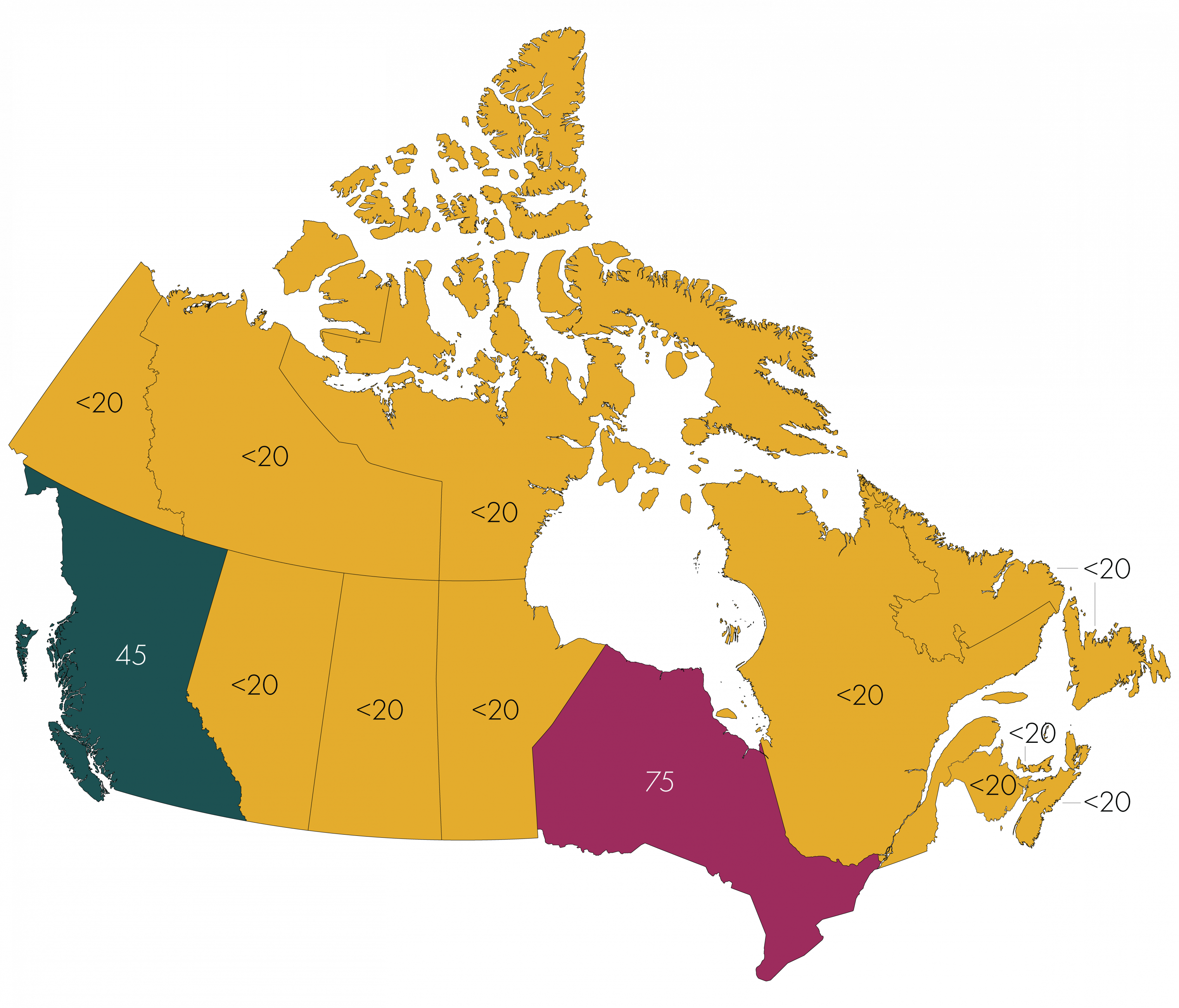 Carte du Canada avec des chiffres affichés sur la province et les territoires